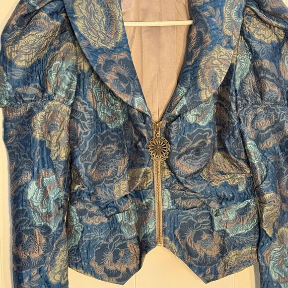 Y2k Bebe Jacket Womens 6 Blue Floral Brocade Puff Sleeve Cropped Zip Jacquard - Picture 3 of 16